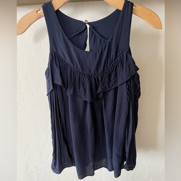 Anthropologie Maeve| Navy Cold Shoulder Ruffle Blouse with Gold Buttons••• - Picture 3 of 12